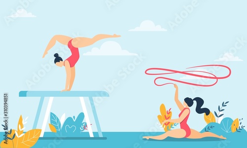 Gymnast Sit on Twine with Ribbon Acrobat Do Trick