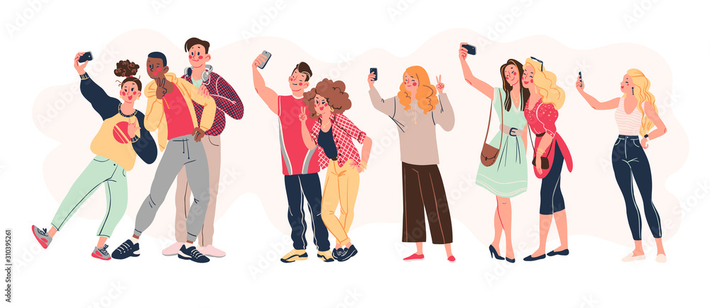Group of young stylish modern teenagers people with smartphones and making selfie together isolated on white background. Vector flat illustration. Group of young stylish modern teenagers people with smartphones and making selfie together isolated on white background. Vector flat illustration.