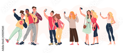 Group of young stylish modern teenagers people with smartphones and making selfie together isolated on white background. Vector flat illustration.