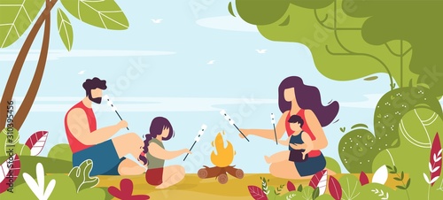 Happy Family Frying Marshmallows Outdoor a Cartoon