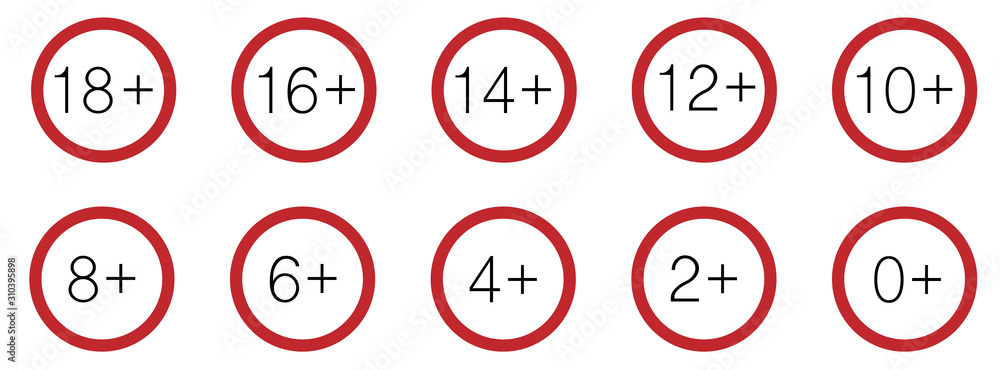 Set of adult icon Over 0 to 18 years old black and red colors thin line. Set of adult icons Over 0+ to 18+ years old black thin line Set of adult icon Over 0 to 18 years old black and red colors thin line. Set of adult icons Over 0+ to 18+ years old black thin line