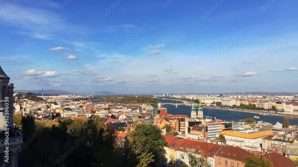 Pan shot of Budapest with Hungarian Parliament and Széchenyi Chain Bridge, in summer. Fisherman's Bastion in the foreground Pan shot of Budapest with Hungarian Parliament and Széchenyi Chain Bridge, in summer. Fisherman's Bastion in the foreground