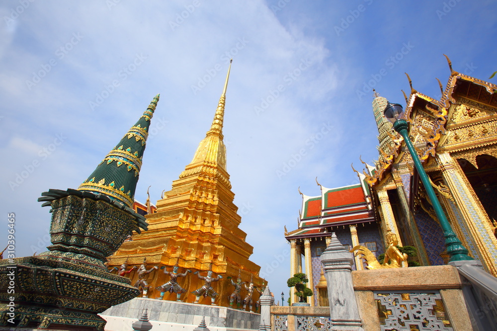Fototapeta premium Inside area of Wat Phra Kaew,Temple of the Emerald Buddha,Golden Chedi,Prasat Phra Thep Bidon ,Thai arts and culture