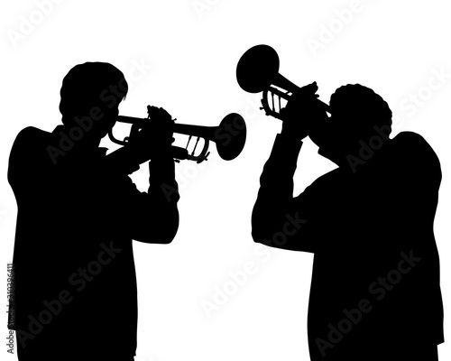 Two trumpeters play at a concert. Silhouettes of musicians on a white background