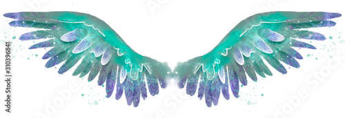Beautiful magic watercolor turquose violet wings photo