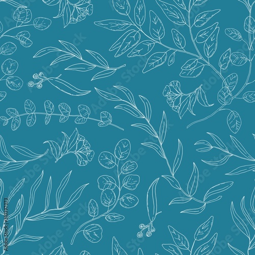 Eucalyptus leaves linear vector seamless pattern. Exotic herb decorative text...