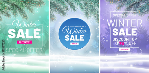 Winter sale web banners set. Festive announcement of seasonal Christmas sale event. Retail vertical flyers with snow landscape and branch of christmas tree. Best choice and special offer discount.