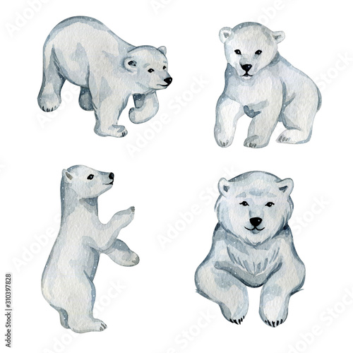 Watercolor cute white polar bears in the north