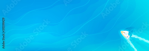 Hello Summer concept. Boat on the blue sea top view.