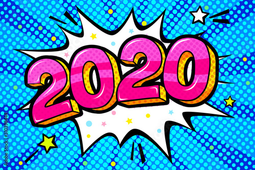 New Year greating card. Red numbers 2020 in word bubble.