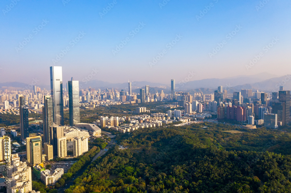 an aerial view of lotus hill park and downtown districts of shenzhen, china