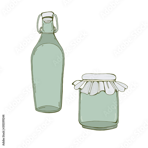 Empty glass utensils for storage and conservation in the vector. Jar and bottle for food and drinks. Hand drawn. Isolated object on white background. Container for storing homemade food.