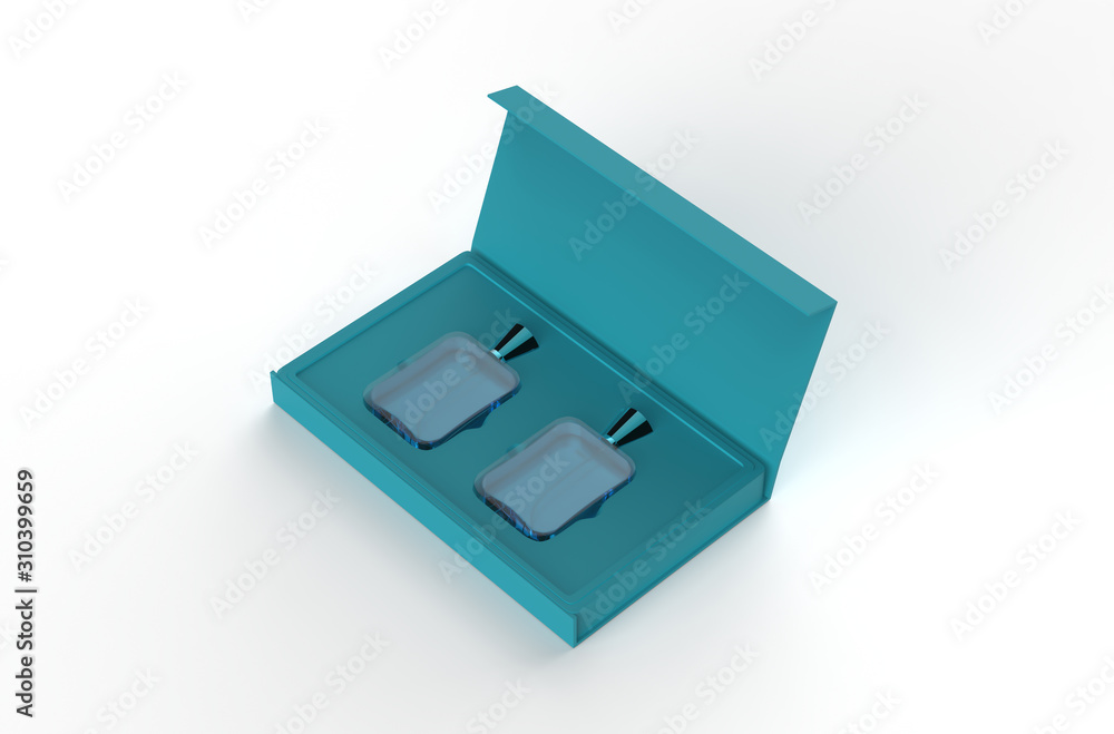 Two Glass perfume bottle mockup with open and closed package box on black background, 3d illustration. Two Glass perfume bottle mockup with open and closed package box on black background, 3d illustration.