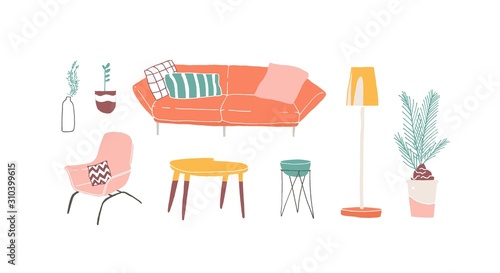 Trendy furniture hand drawn vector illustrations set. Vintage couch, armchair...