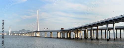 a merged panorama of shenzhen bay bridge in a summer afternoon