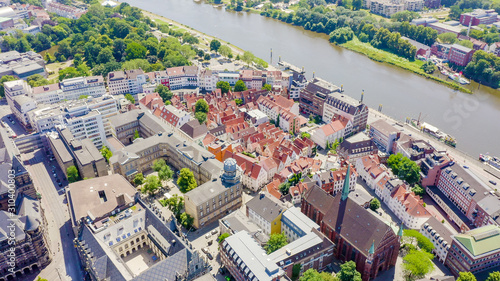 Bremen, Germany. From Bremen Market Square ( Bremer Marktplatz ), to the Bremen Schnoor ( Schnoorviertel ). View in flight, Aerial View photo