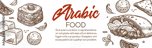 Arabic food and middle eastern cuisine dishes banner with text