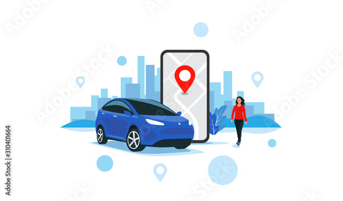Vector illustration of autonomous online car sharing service controlled via smartphone app. Phone with location mark and smart car with modern city skyline. Isolated connected vehicle remote parking. 