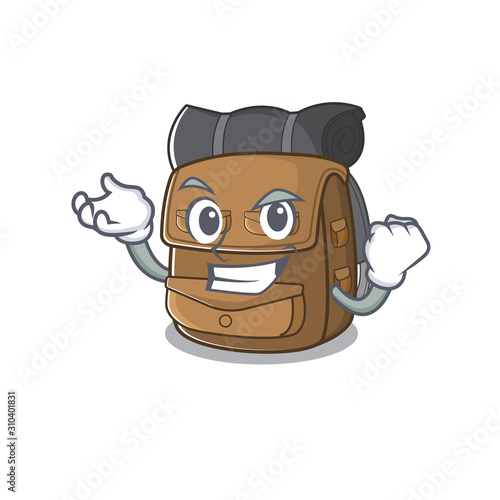 Happy confident Successful hiking backpack Scroll cartoon character style photo