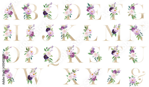 Floral alphabet, gold letters set with watercolor violet flowers roses and leaf. Botanical monogram initials perfectly for wedding invitations, greeting card and other. Holiday design hand painting. 