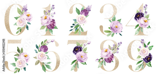 Gold number set with watercolor flowers roses and leaves. Numbers perfectly for wedding invitations, greeting card, poster and other floral design. Hand painting. Isolated on white background.