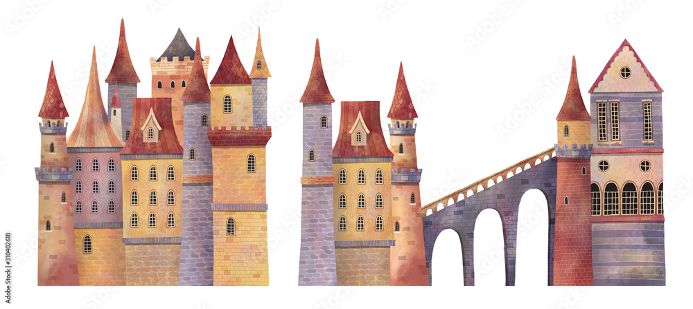 Set of medieval castles with towers and bridge. Hand drawn illustration ...
