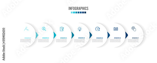 Seven paper white overlapping arrows placed in horizontal row. Concept of 8 successive. For content, diagram, flowchart, steps, parts, timeline infographics, workflow layout, chart.