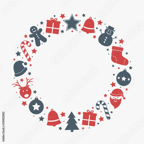 Empty Christmas wreath made of holiday elements. Xmas decoration. Vector