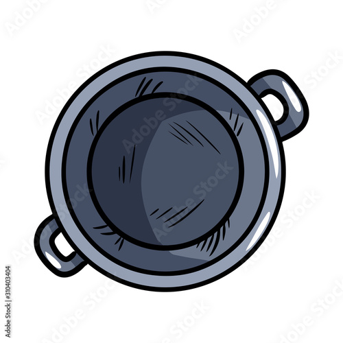 Magic cauldron with pentagram doodle. Hand drawn wiccan design. Alchemy, potions symbol. Isolated on white background lineart illustration