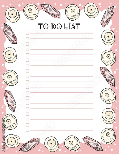 Hygge weekly planner and to do list with candles and quartzcrystals. Cozy lagom scandinavian style template for agenda, planners, check lists, and stationery