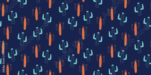 Cactus seamless pattern background. Cute hand drawn nursery childish drawing style.