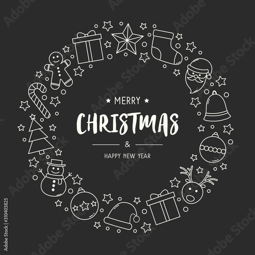 Minimalist Christmas wreath with ornaments and wishes. Vector