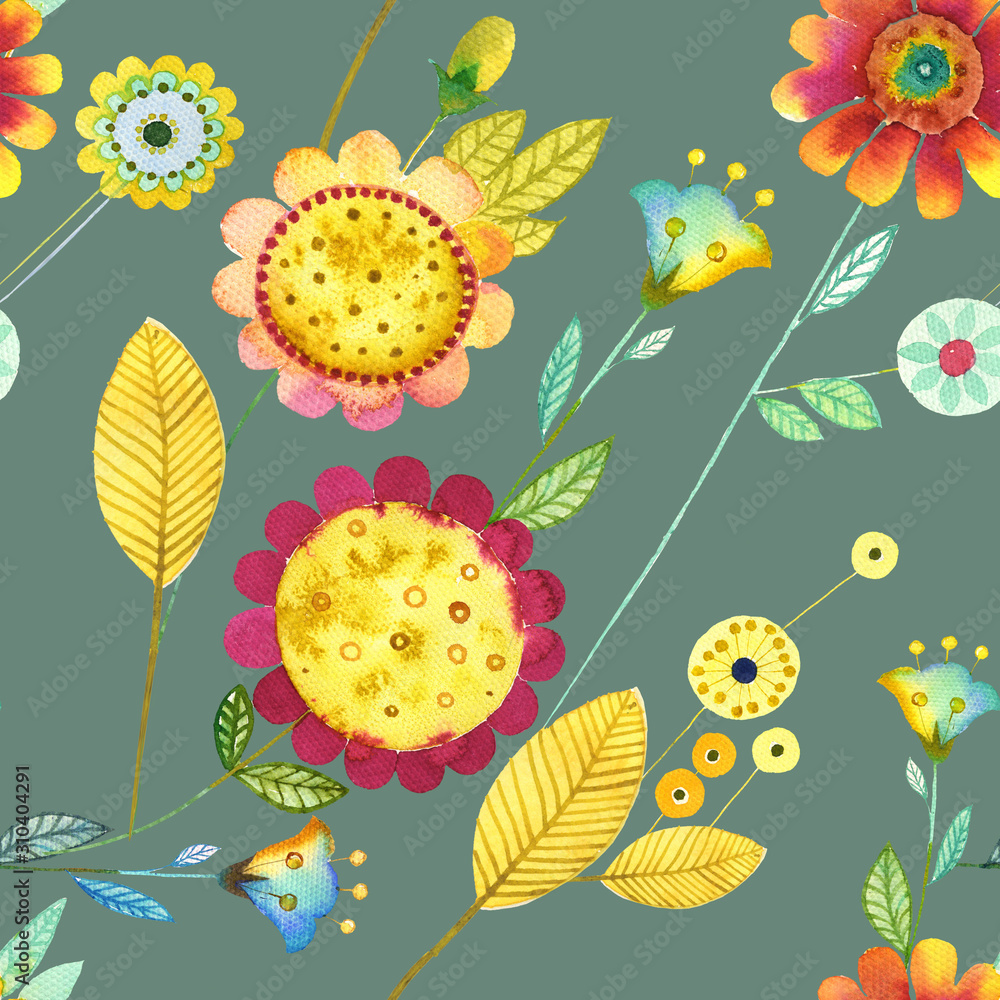 Fantasy  flowers of red, yellow, blue color with stems and leaves on a green background.Suitable for designing fabric, wrapping paper, wallpaper, covers, home decor, clothing, tablecloths, curtains