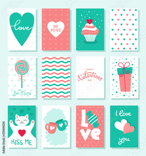 Set of cute cards for Valentine's day. Decor for the holiday. Flat vector stock illustration.White background