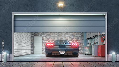 Obraz na plátne Modern garage with open gate. 3d illustration