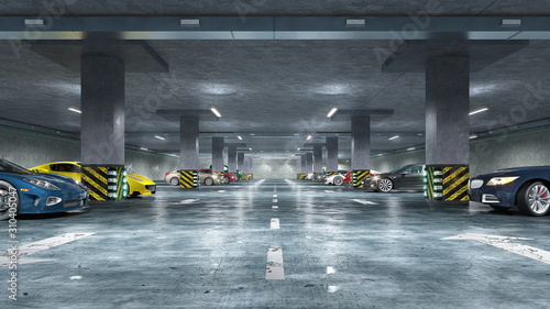 Underground parking interior with cars. 3d illustration