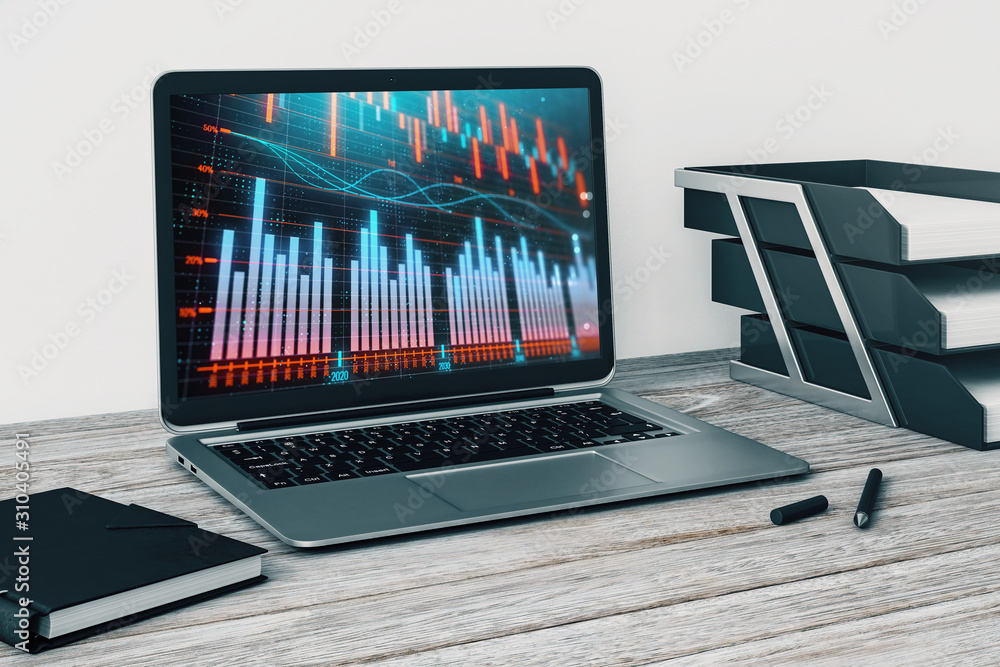 Laptop closeup with forex graph on computer screen. Financial trading and education concept. 3d rendering. Laptop closeup with forex graph on computer screen. Financial trading and education concept. 3d rendering.