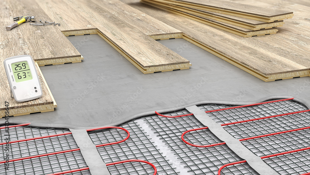 Laying parquet boards on electrical underfloor heating, 3d illustration - obrazy, fototapety, plakaty 
