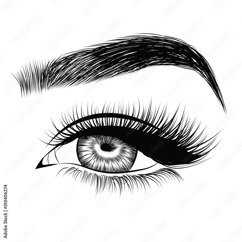 Fashion illustration of the eye with long full lashes. Hand drawn vector idea for business visit cards, templates, web, salon banners,brochures. Natural eyebrows and modern makeup Fashion illustration of the eye with long full lashes. Hand drawn vector idea for business visit cards, templates, web, salon banners,brochures. Natural eyebrows and modern makeup
