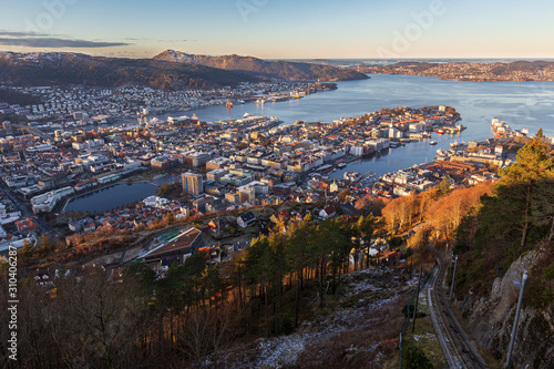 Bergen city and northern fjord view from Mount Floyen in autumn morning
