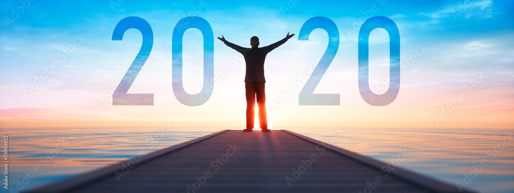 Silhouette of a man and 2020 concept in beautiful sunset sky and sea background - 3D illustration - obrazy, fototapety, plakaty 