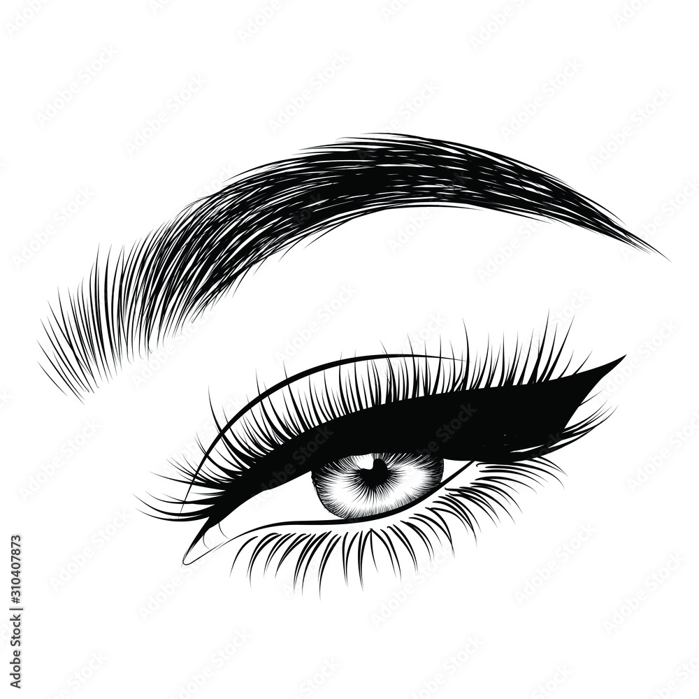 Fashion illustration of the eye with long full lashes. Hand drawn vector idea for business visit cards, templates, web, salon banners,brochures. Natural eyebrows and modern makeup Fashion illustration of the eye with long full lashes. Hand drawn vector idea for business visit cards, templates, web, salon banners,brochures. Natural eyebrows and modern makeup