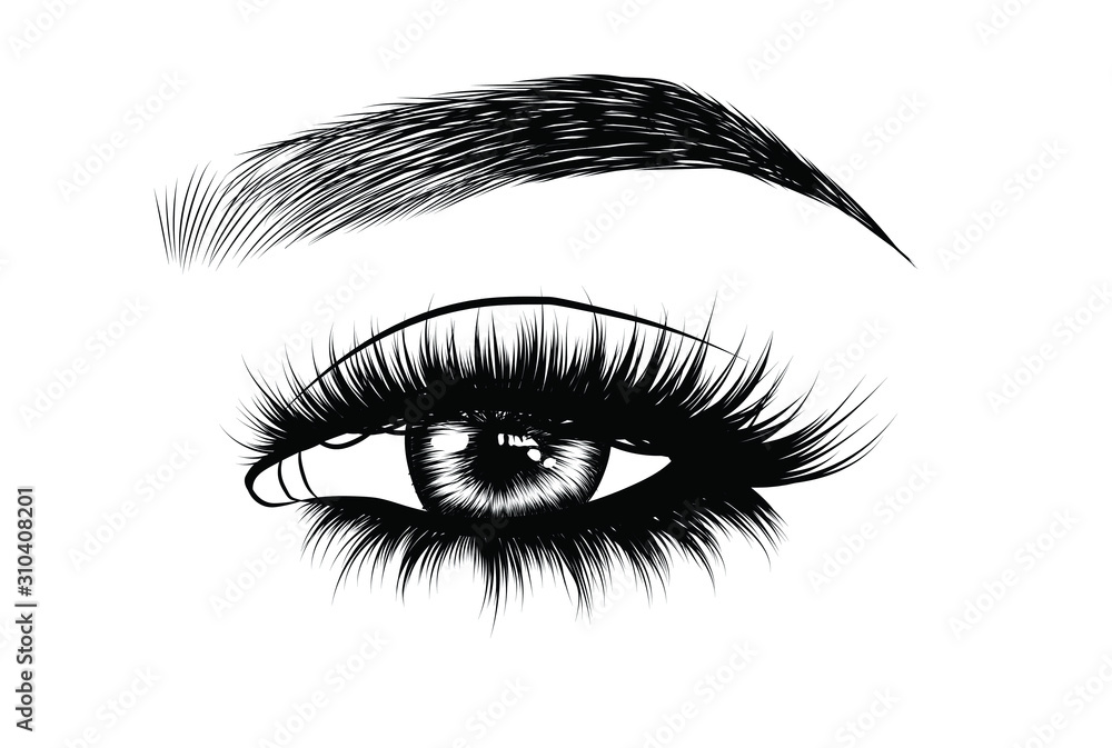 Fototapeta premium Fashion illustration of the eye with long full lashes. Hand drawn vector idea for business visit cards, templates, web, salon banners,brochures. Natural eyebrows and modern makeup