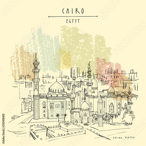 Cairo, Egypt, North Africa. Mosque of Al Rifai and Madrassa of Sultan Hassan near the Saladin Citadel (Cairo Citadel). Travel sketched poster, postcard. Artistic hand drawing