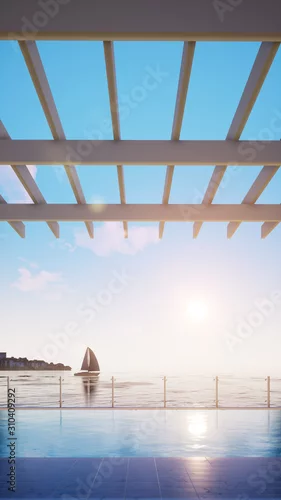 Obraz taras z widokiem na wodę i błękitne niebo