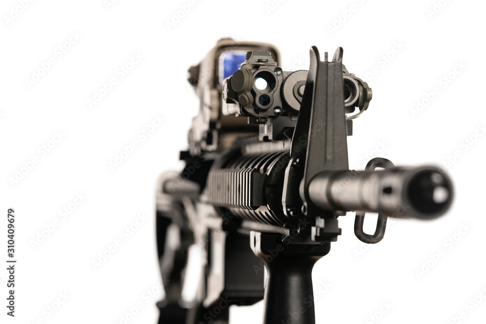 m4 rifle with optical sight and laser device on white background