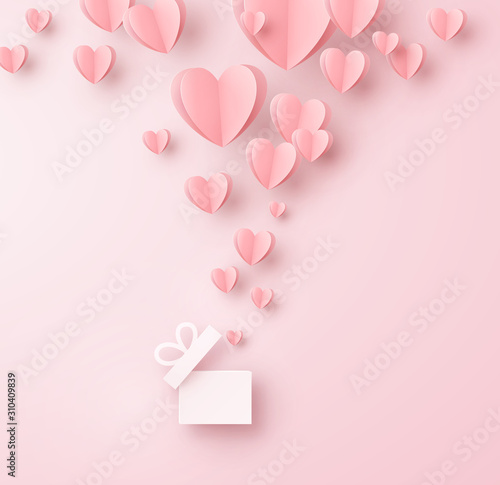 Hearts with gift box postcard. Paper flying elements on pink background. Vector symbols of love for Happy Women's, Mother's, Valentine's Day, birthday greeting card design.