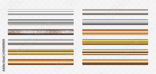 Pipe set isolated on transparent background. Chrome, steel, golden, copper and rusty iron profile elements. Vector cylinder metal tubes.