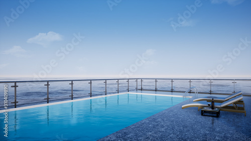 luxury swimming pool with blue sky and sea view, 3d rendering background