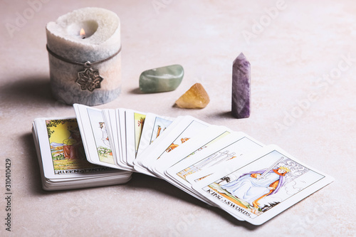 Fortune-telling tarot cards and mineral stones